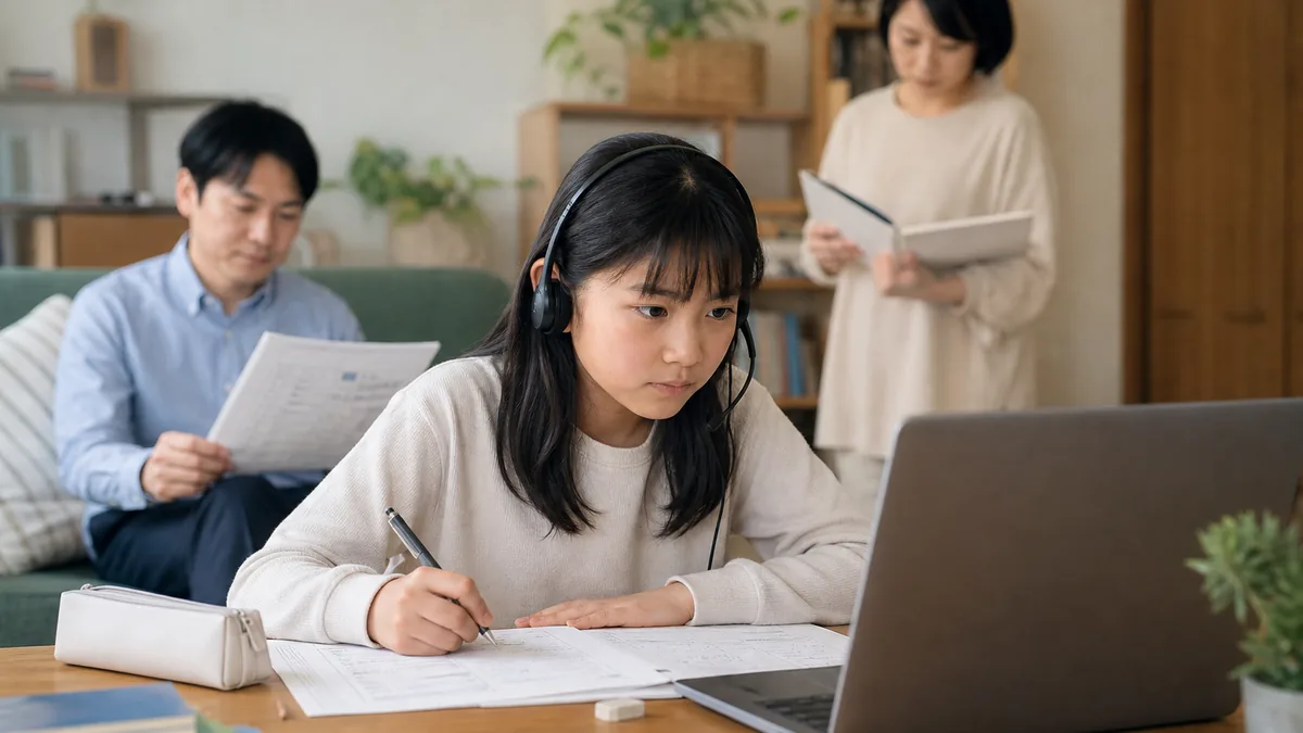 中学受験でオンライン塾を使う場合のメリットと注意点について、教材や学習状況を一緒に確認する親子