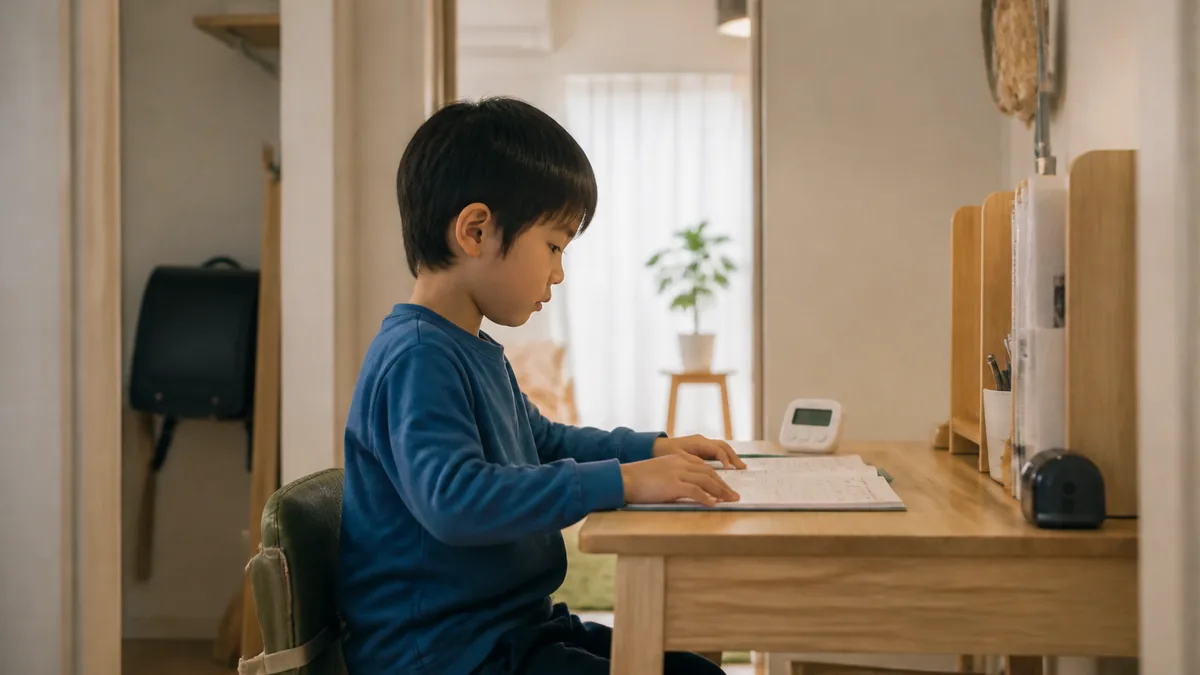 学習習慣がつかないときに最初に見直すことについて、教材や学習状況を一緒に確認する親子