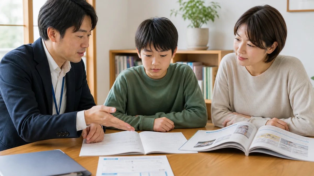 個別指導と集団指導はどう選び分けるかについて、教材や学習状況を一緒に確認する親子