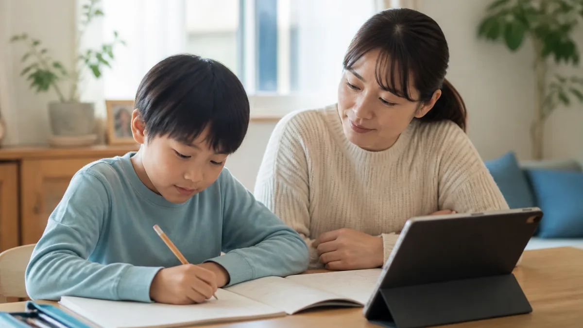 タブレットと紙のノートを使って一緒に学ぶ親子