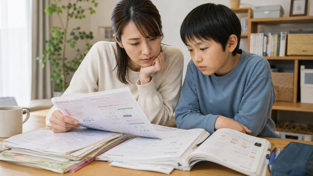 教材やサービスを乗り換えるかどうかの判断基準について、教材や学習状況を一緒に確認する親子