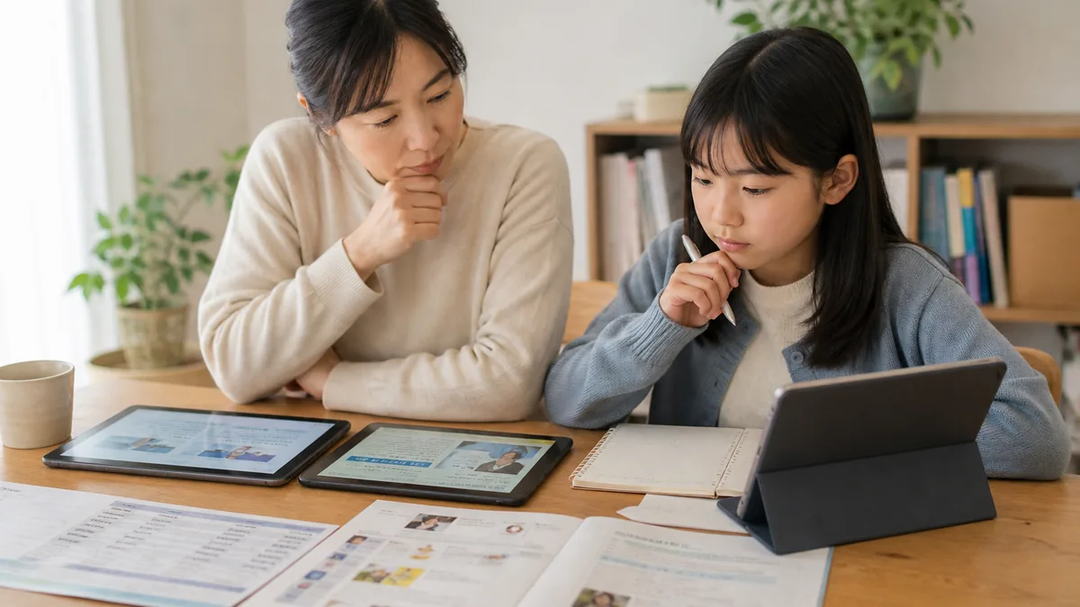 小学生のオンライン学習サービスの選び方｜比較の手順について、教材や学習状況を一緒に確認する親子