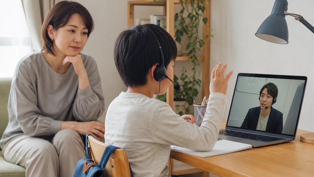 オンライン個別指導が向いている子・向いていない子について、教材や学習状況を一緒に確認する親子