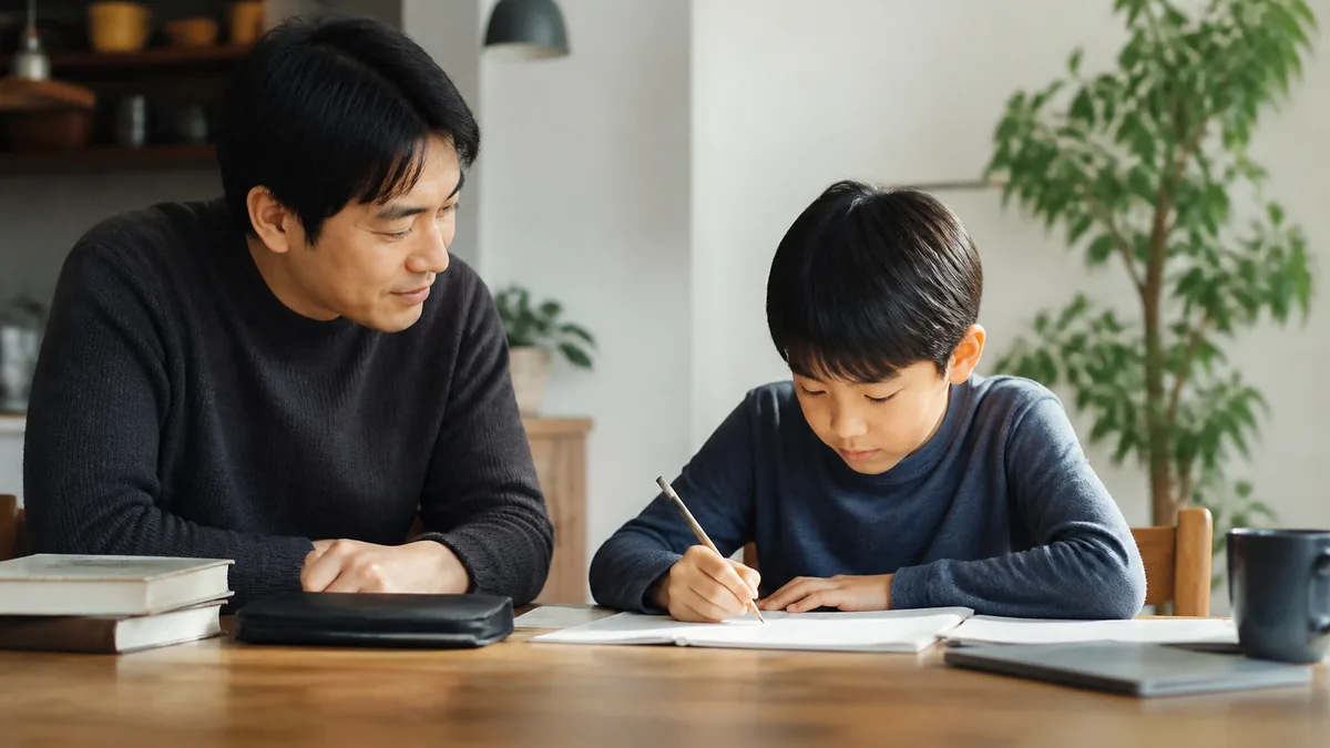 家庭学習で保護者はどこまで関わるべきかについて、教材や学習状況を一緒に確認する親子