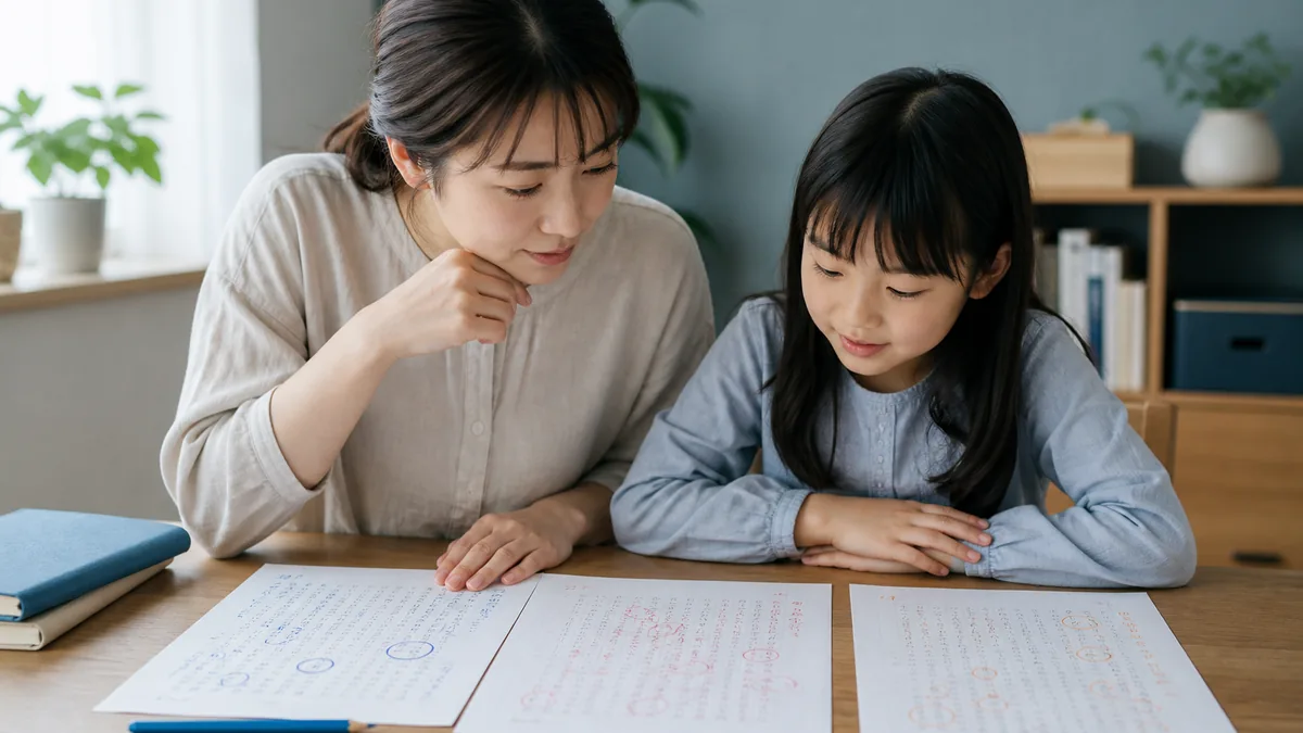 返却された作文の添削内容を一緒に確認する親子