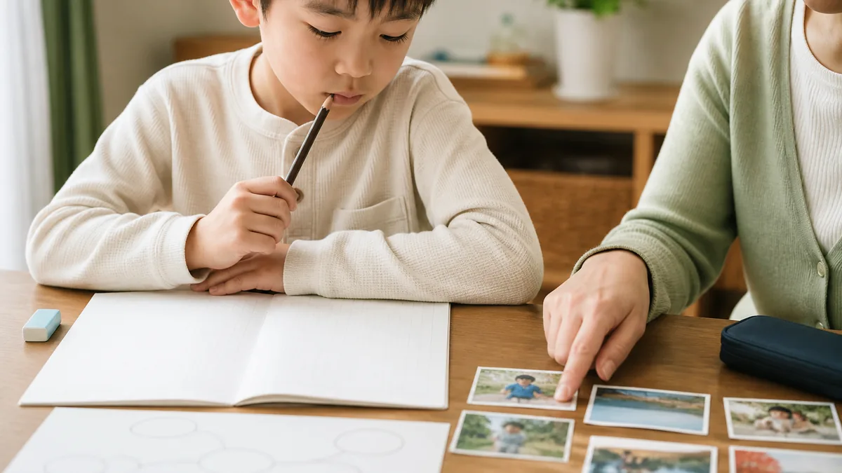 白い作文用紙を前に考え、保護者の助言を受ける小学生