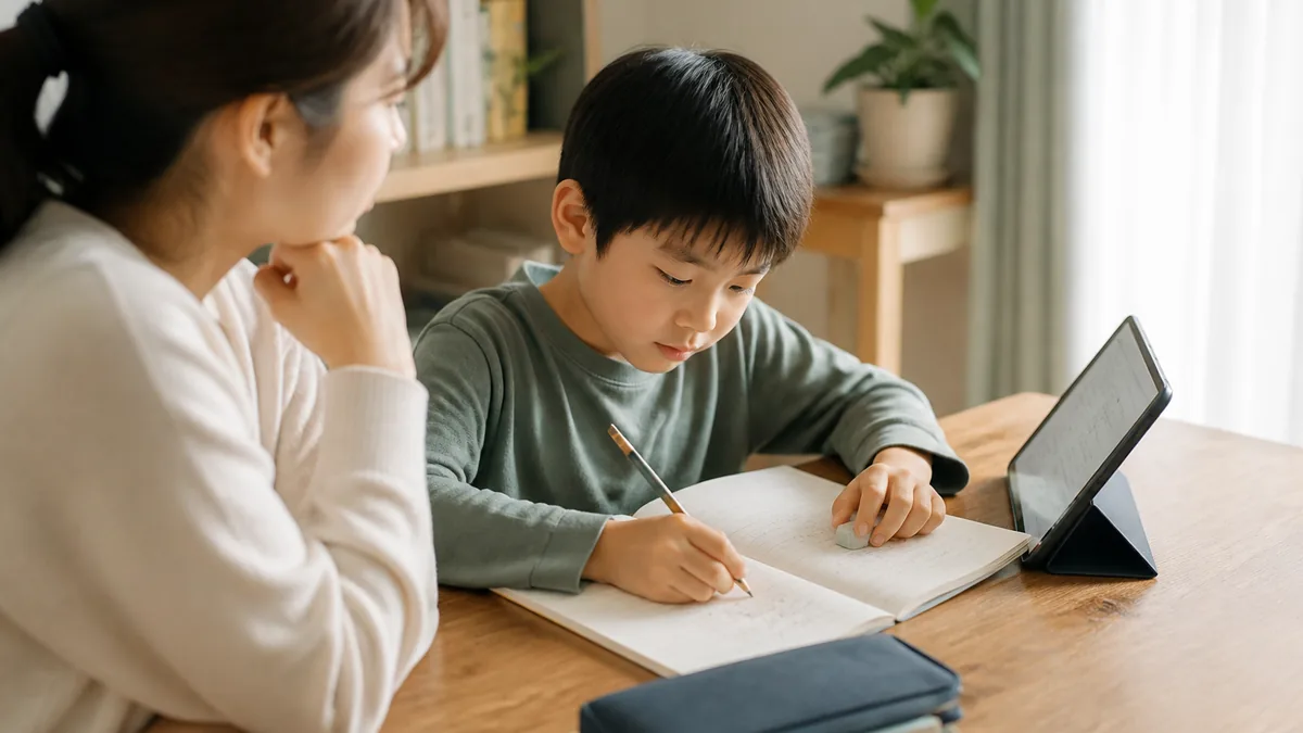 タブレット教材と紙教材はどちらがよいか｜違いが出る場面について、教材や学習状況を一緒に確認する親子