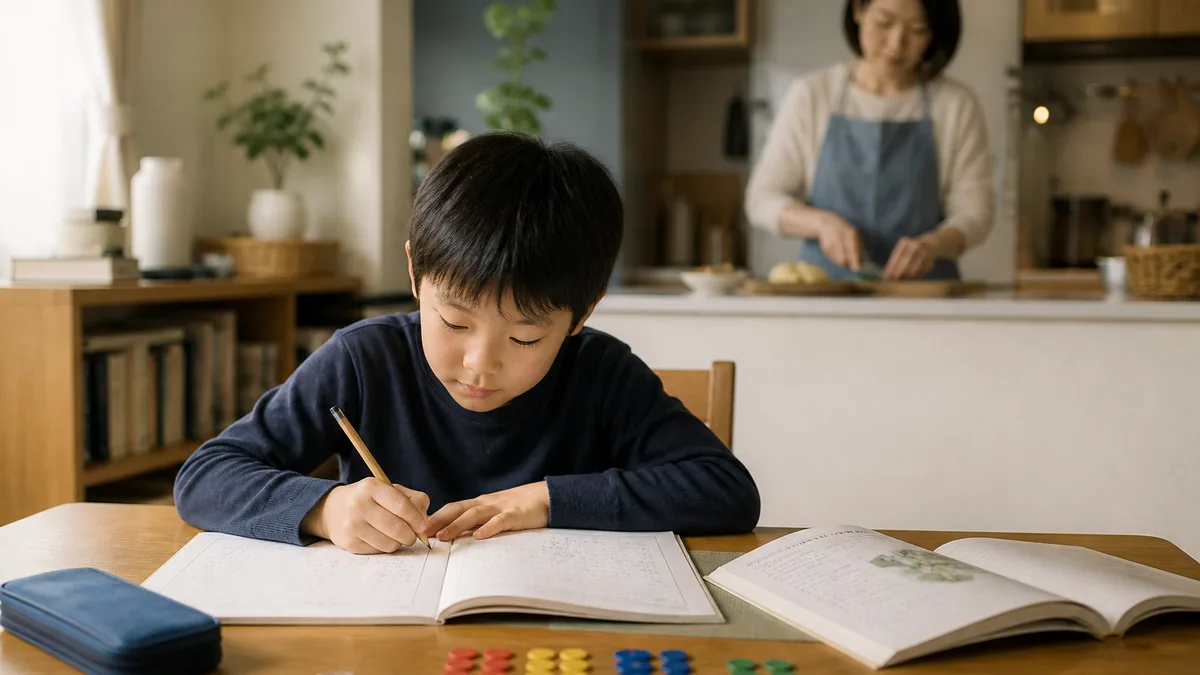 小学校低学年の家庭学習は何をどこまでやるかについて、教材や学習状況を一緒に確認する親子