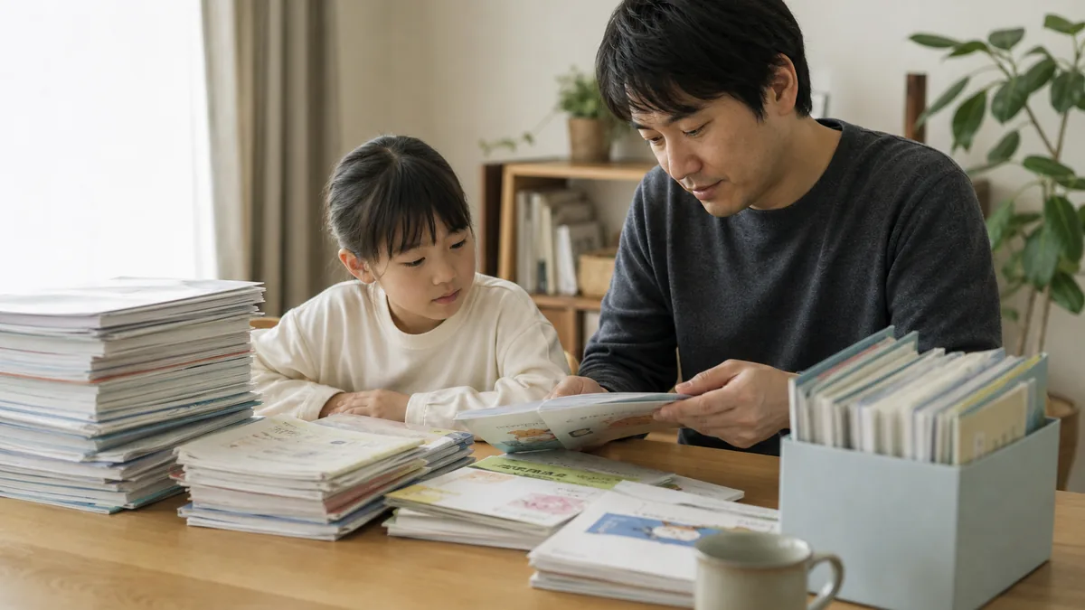 通信教育が続かない原因はどこにあるかについて、教材や学習状況を一緒に確認する親子