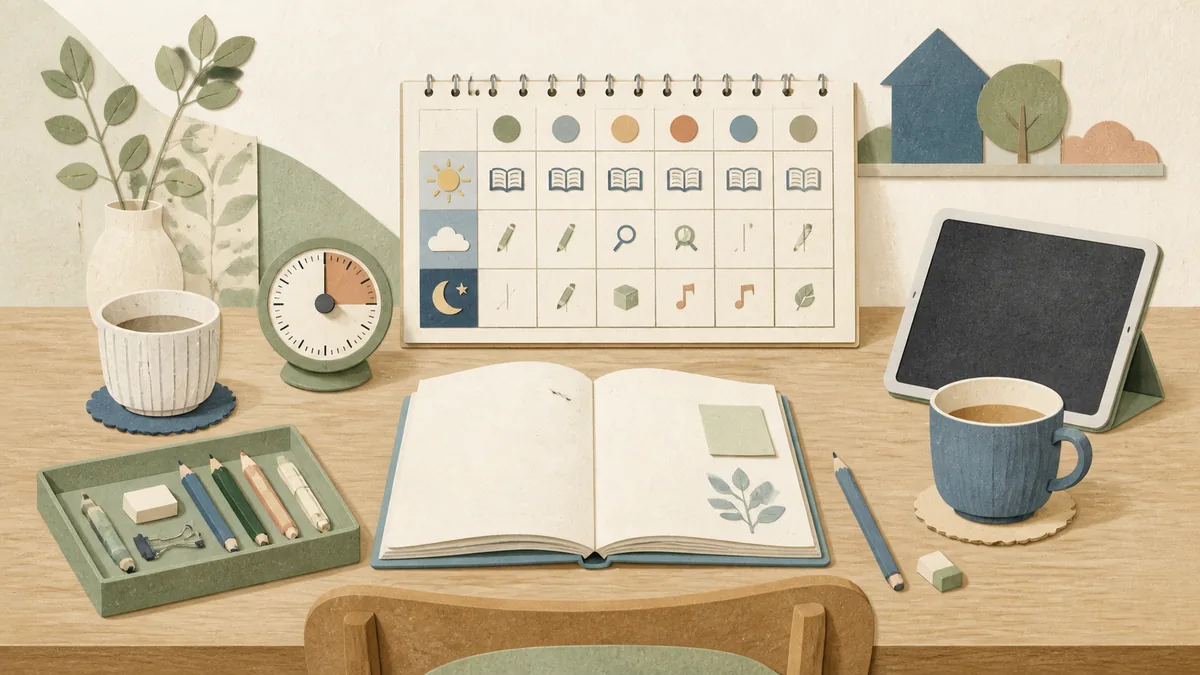 予定表と教材を整えた家庭学習の机を描く編集イラスト