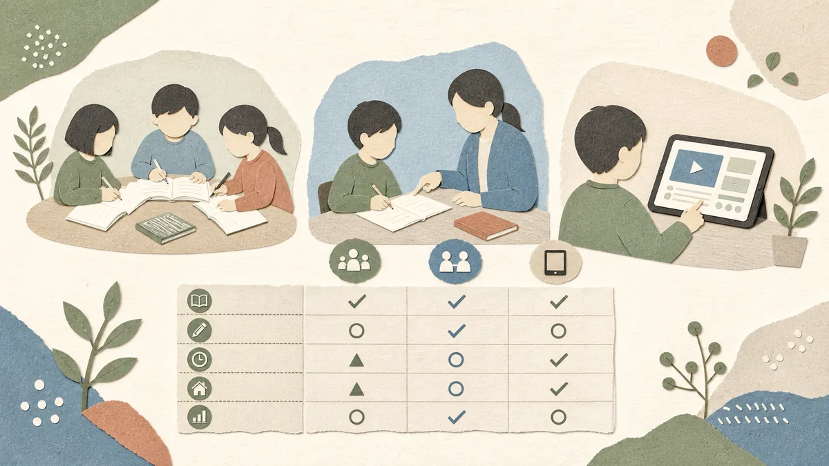 集団・個別・タブレット学習の形態を比較する編集イラスト